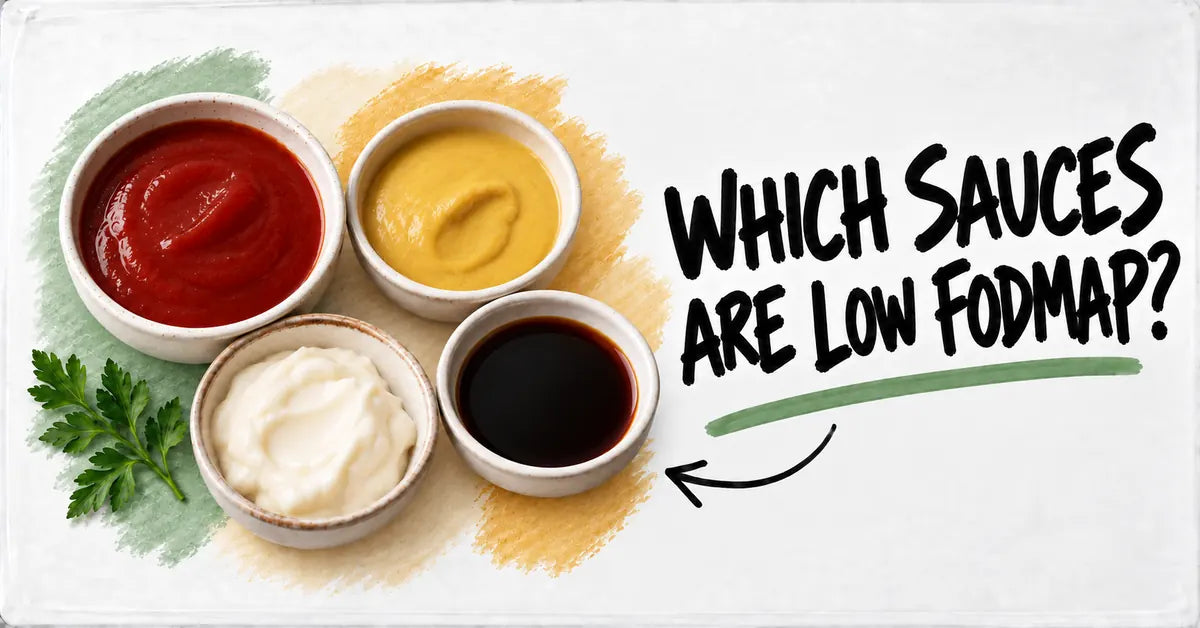 Bowls of ketchup, mustard, mayonnaise, and soy sauce beside the question “Which sauces are low FODMAP?”
