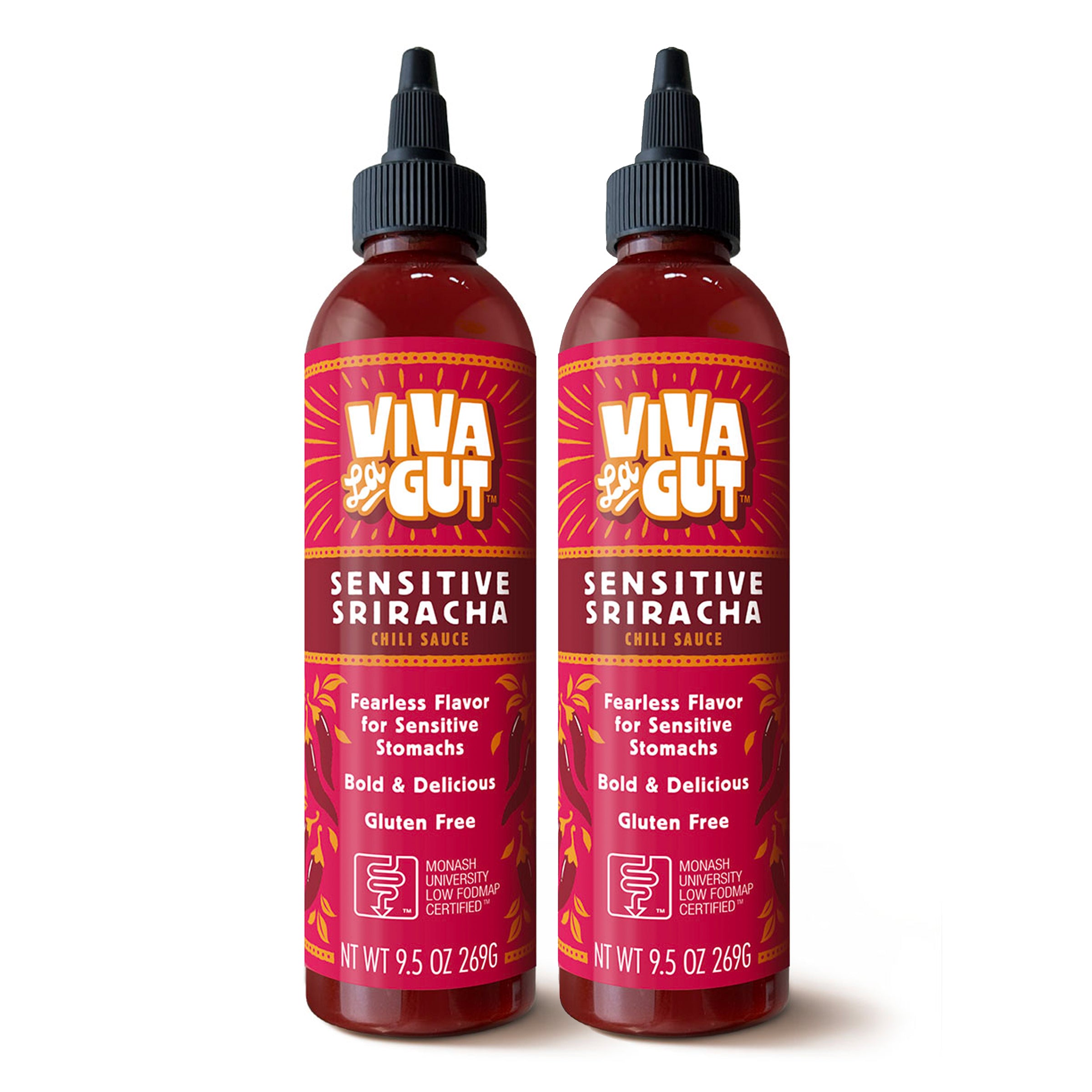Two bottles of Viva La Gut Sensitive Sriracha Low FODMAP chili sauce, Monash University Low FODMAP Certified, gluten free hot sauce for sensitive stomachs.