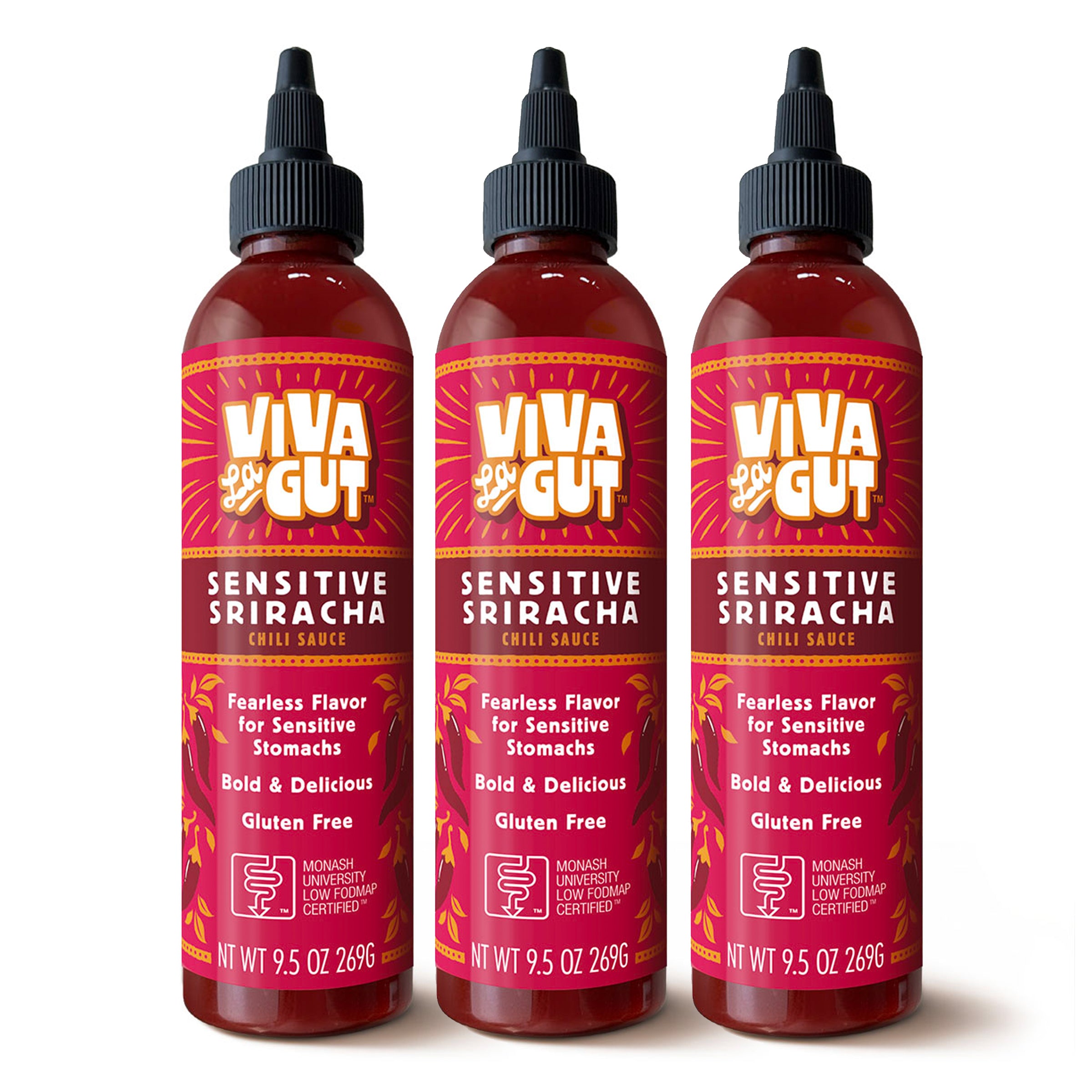 Three bottles of Viva La Gut Sensitive Sriracha Low FODMAP chili sauce, Monash University Low FODMAP Certified, gluten free hot sauce for sensitive stomachs.